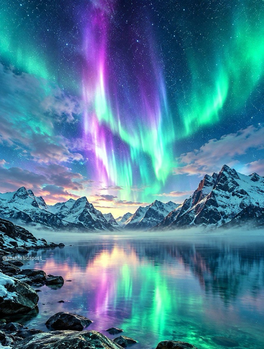 aurora borealis over snow-capped mountains