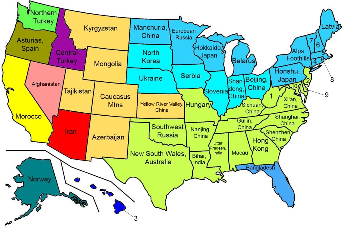 US states with similar climates worldwide