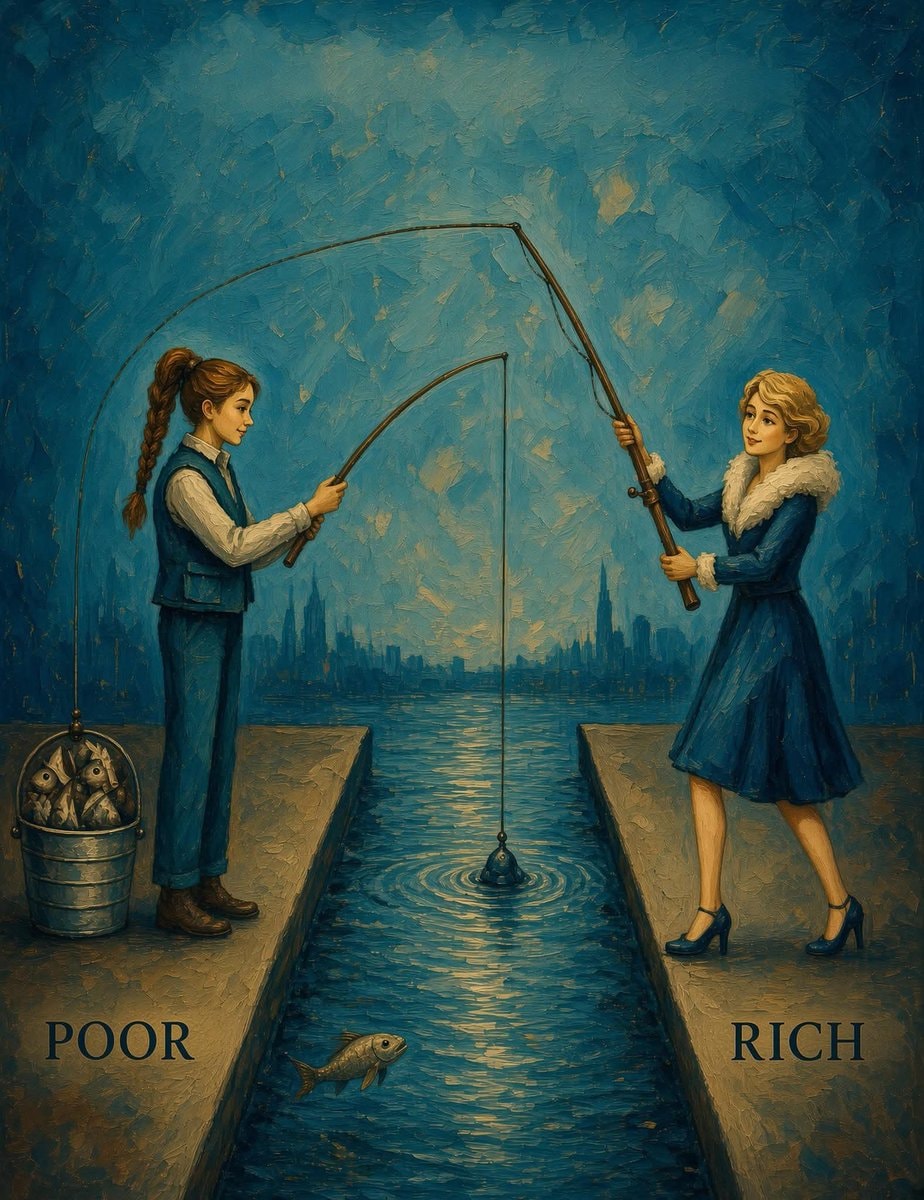 two women fishing city skyline