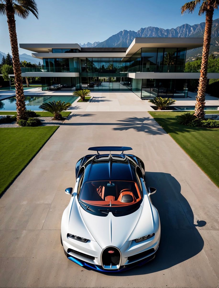 Bugatti Chiron at modern mansion