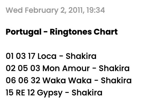 Shakira Mon Amour Portugal Chart (photo 2 of 2)