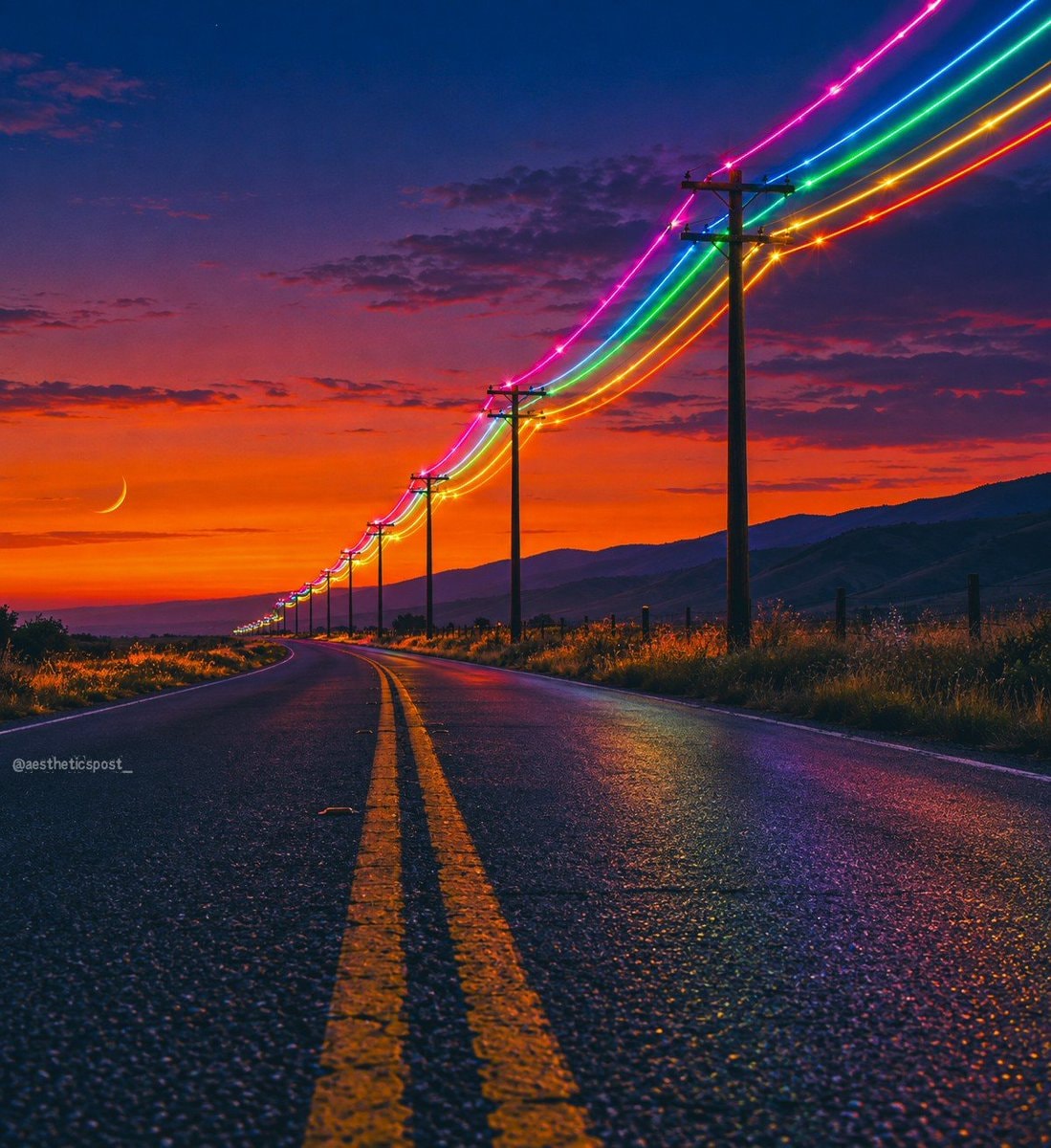 road with rainbow lights and crescent moon