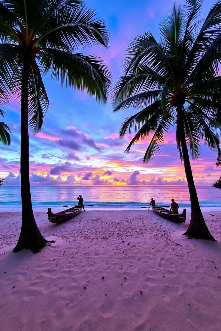 beach sunset with canoes and palm trees