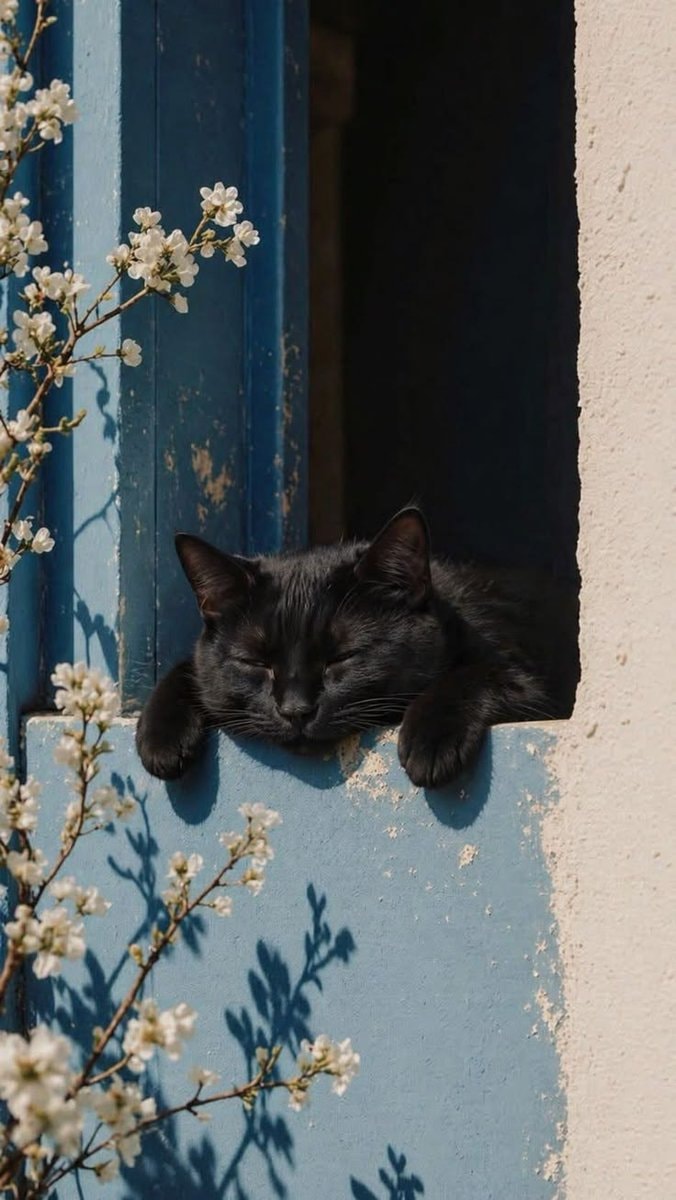 black cat sleeping in window