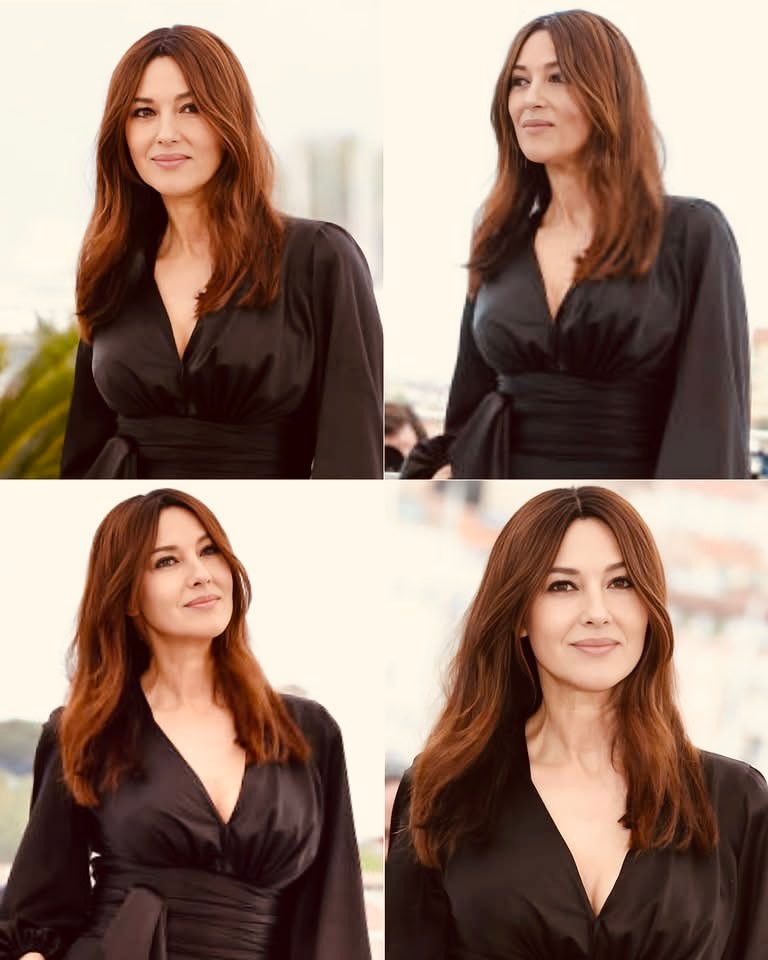 Monica Bellucci black satin dress collage