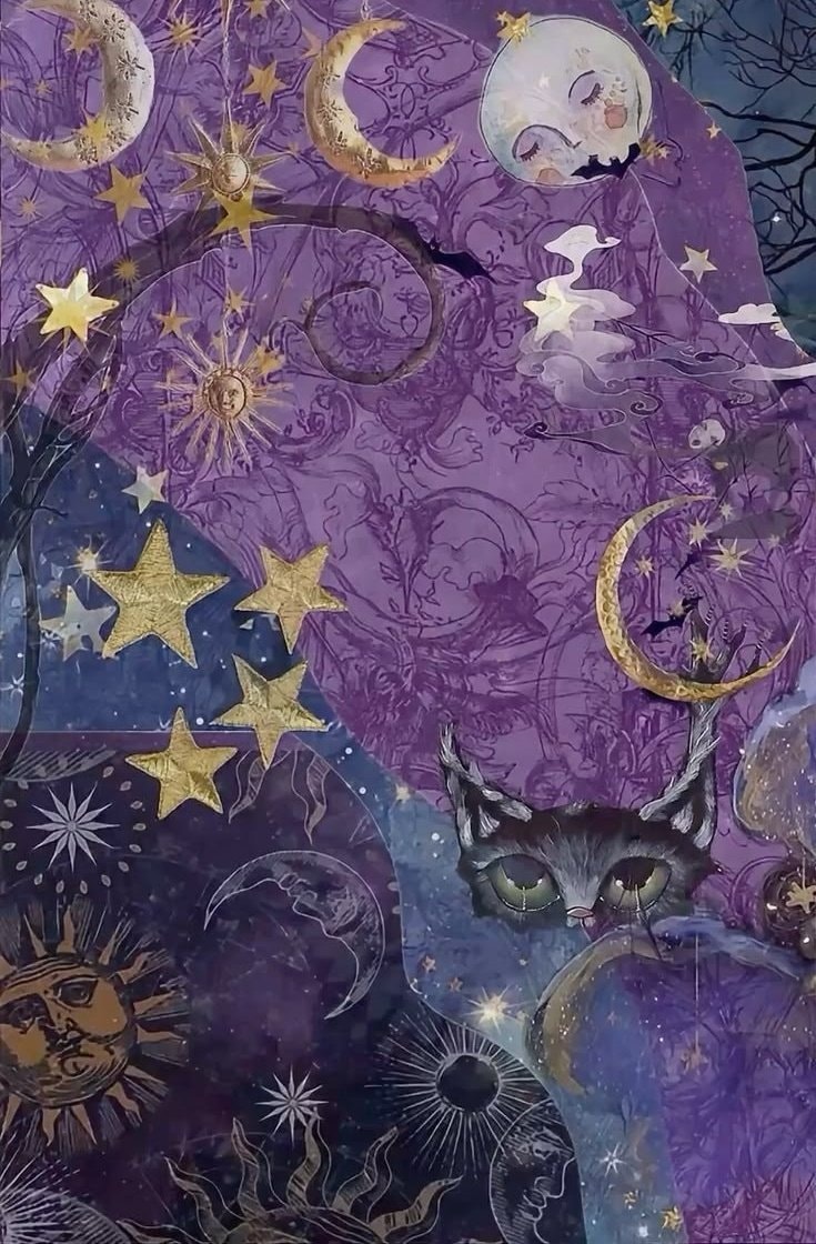 black cat with green eyes and celestial collage