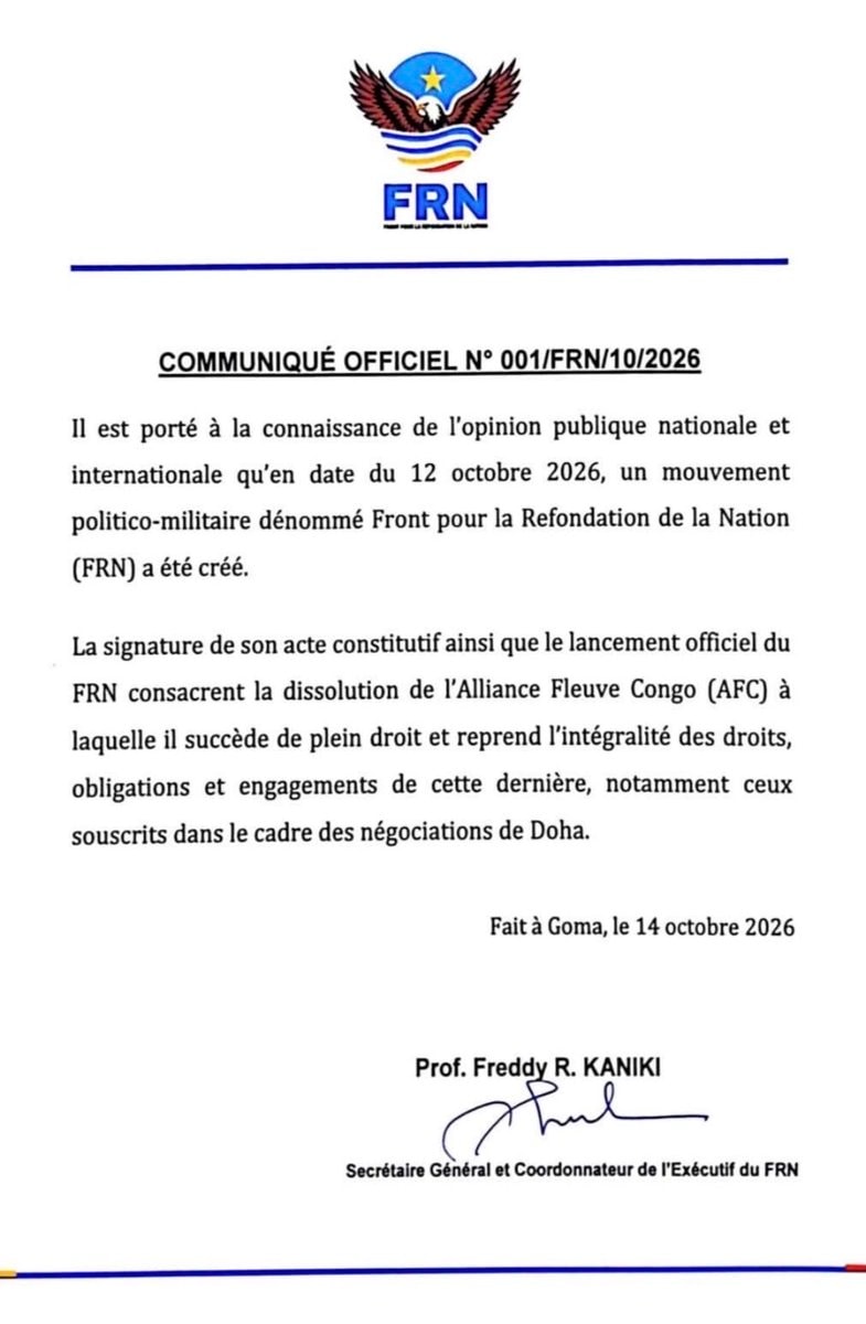FRN communiqué dissolves Congo River Alliance