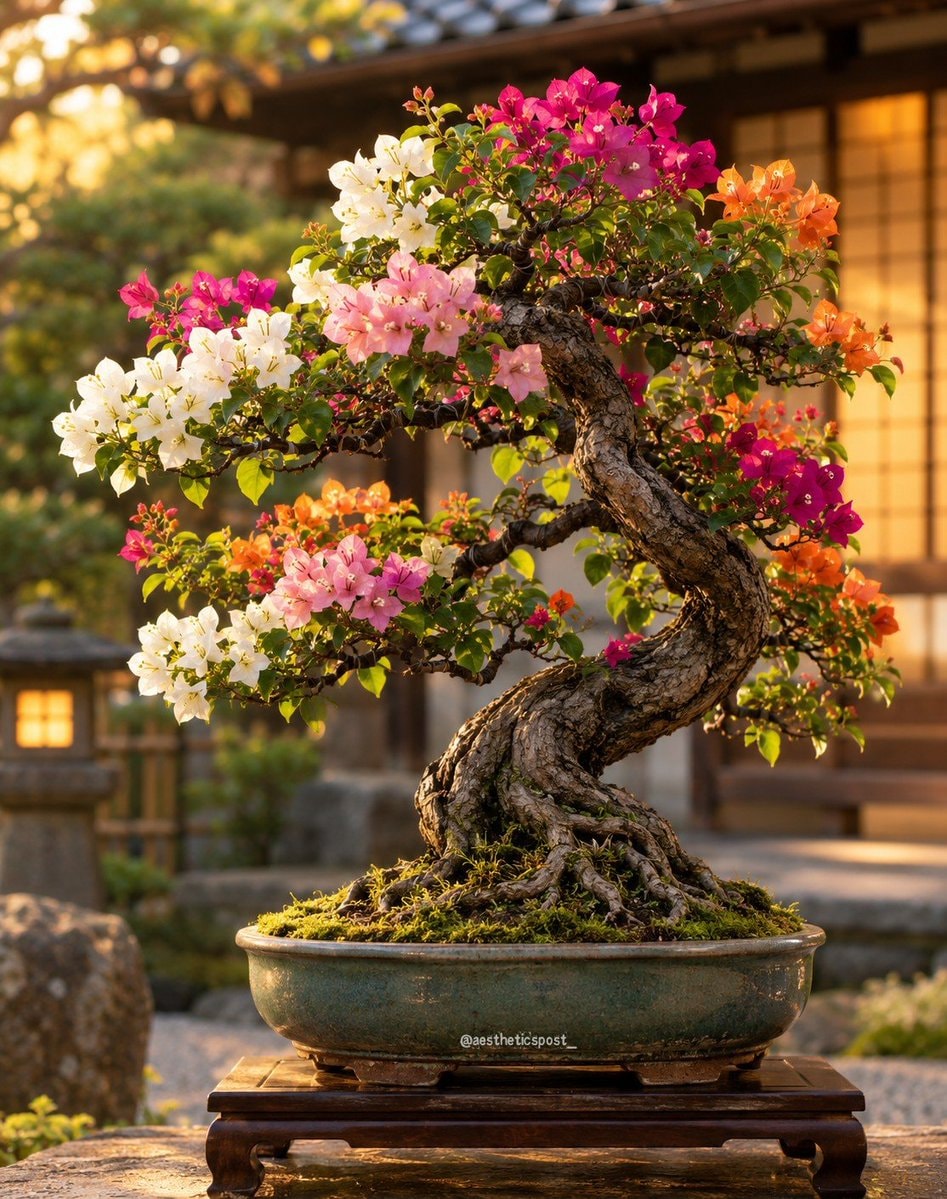 vibrant bonsai tree with colorful blooms