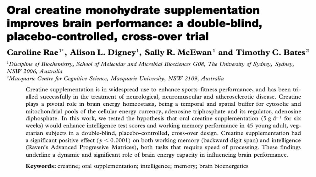 Creatine monohydrate brain performance study