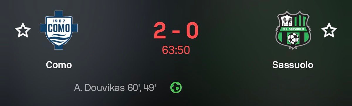 Douvikas brace puts Como 2-0 up on Sassuolo