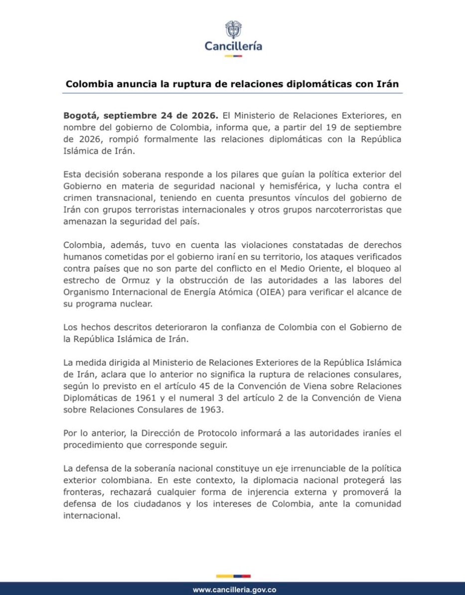 Colombia cuts diplomatic ties with Iran