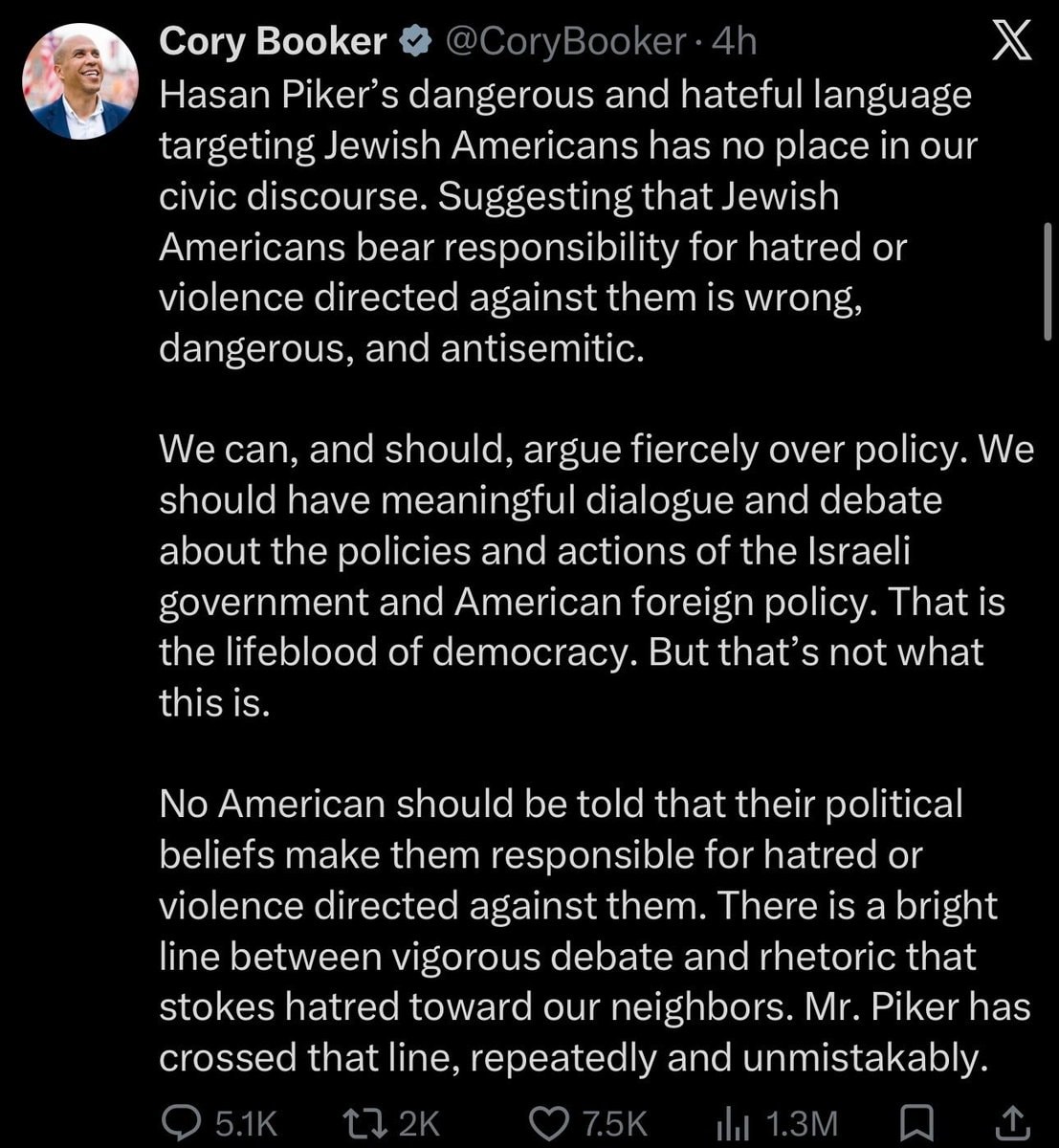 Cory Booker statement on Hasan Piker (photo 1 of 2)