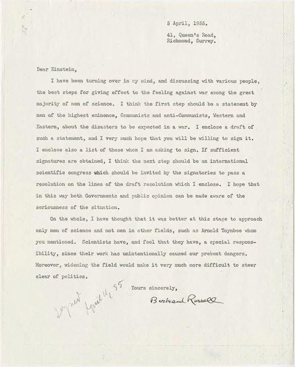 Russell-Einstein Manifesto letter Russell-Einstein Manifesto letter