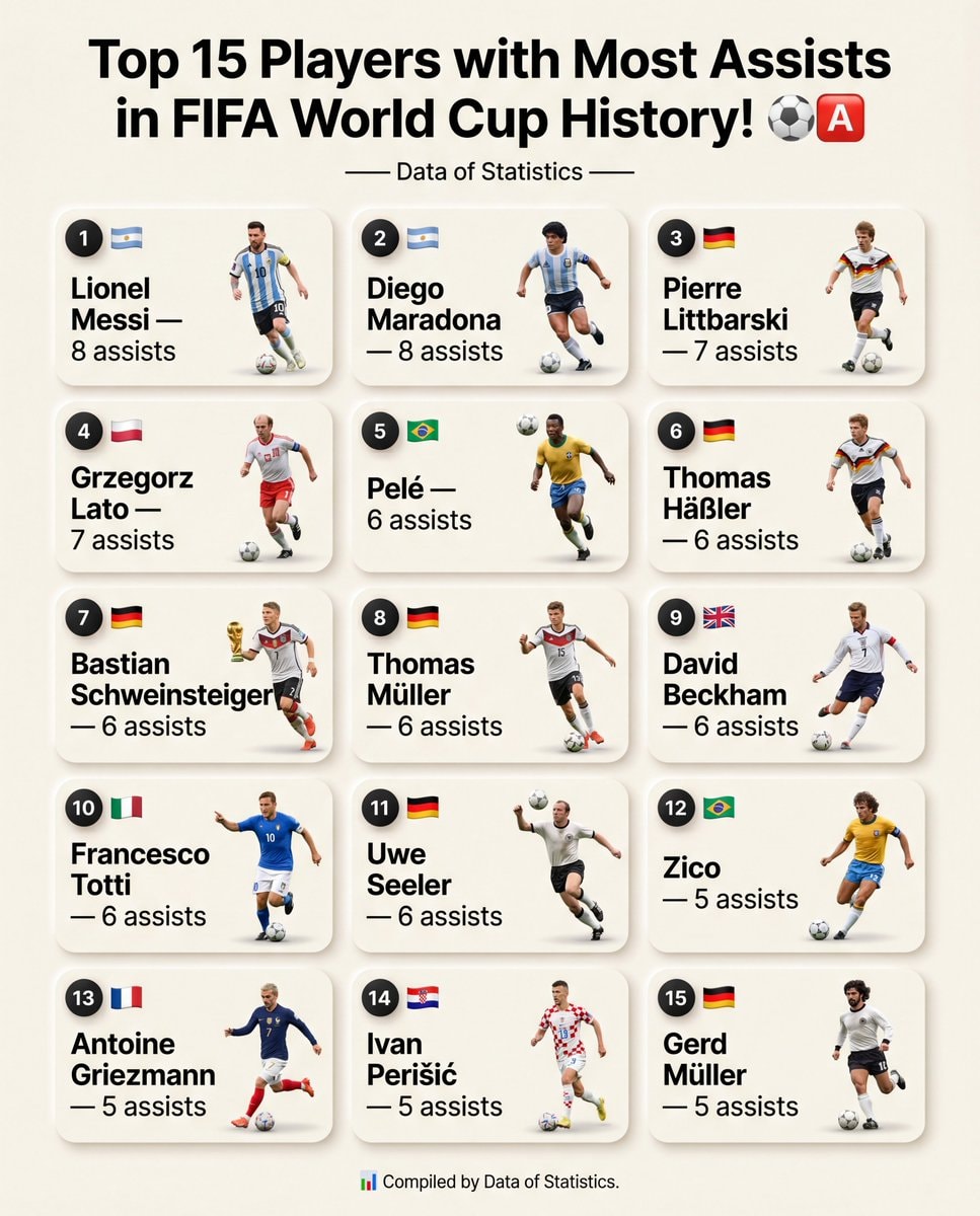 Top 15 FIFA World Cup assists Messi Maradona