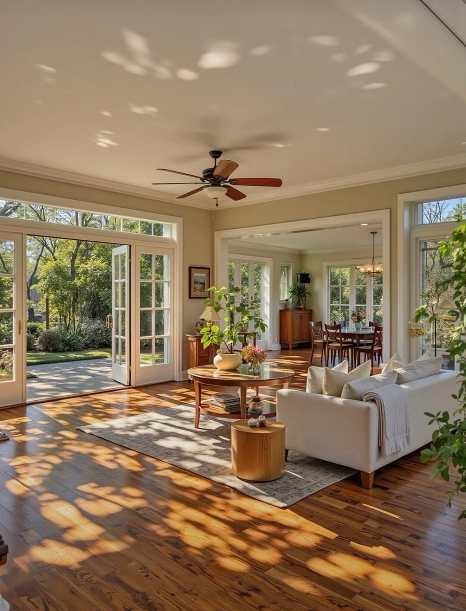 sun-drenched living room with garden view