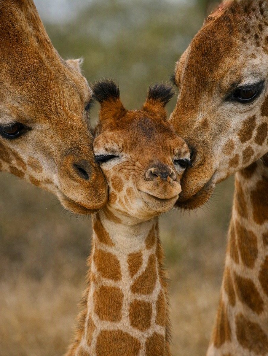 baby giraffe nuzzled by adults