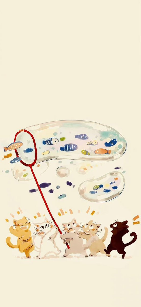 four illustrated cats with fish bubble