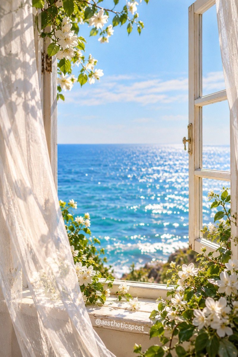 ocean view through white curtains