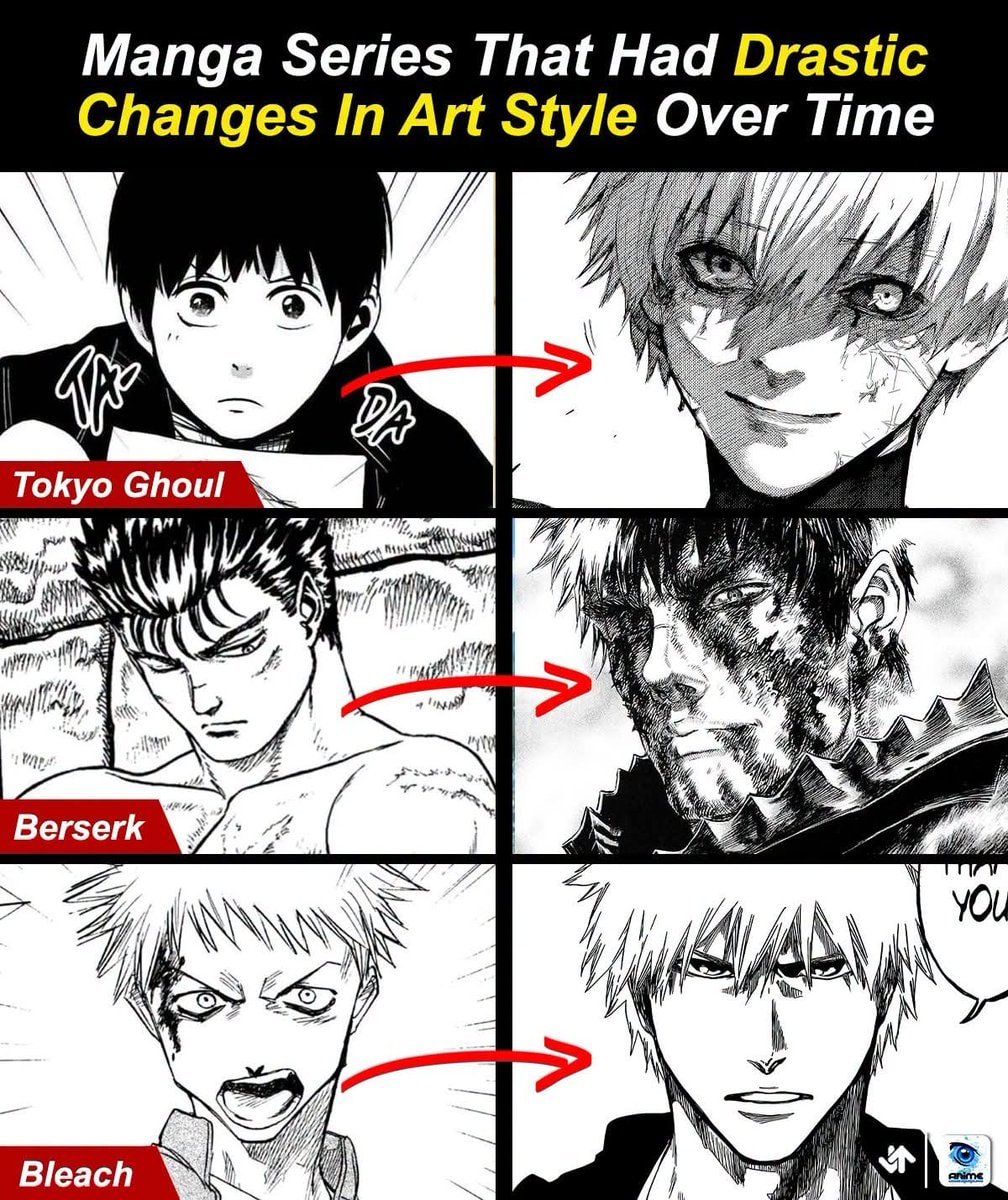 Manga art evolution Tokyo Ghoul Berserk Bleach