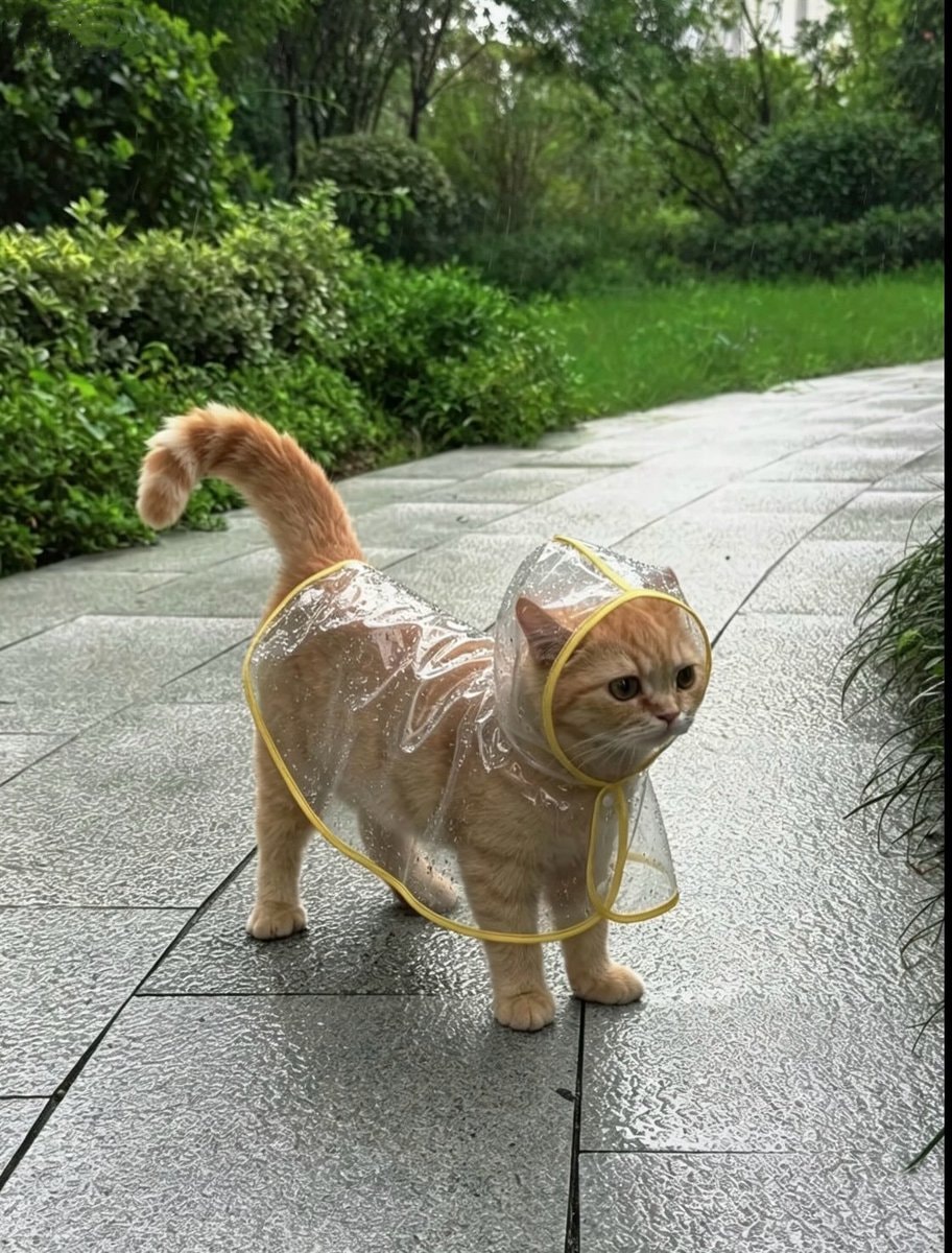 Ginger cat in clear raincoat (photo 2 of 2)