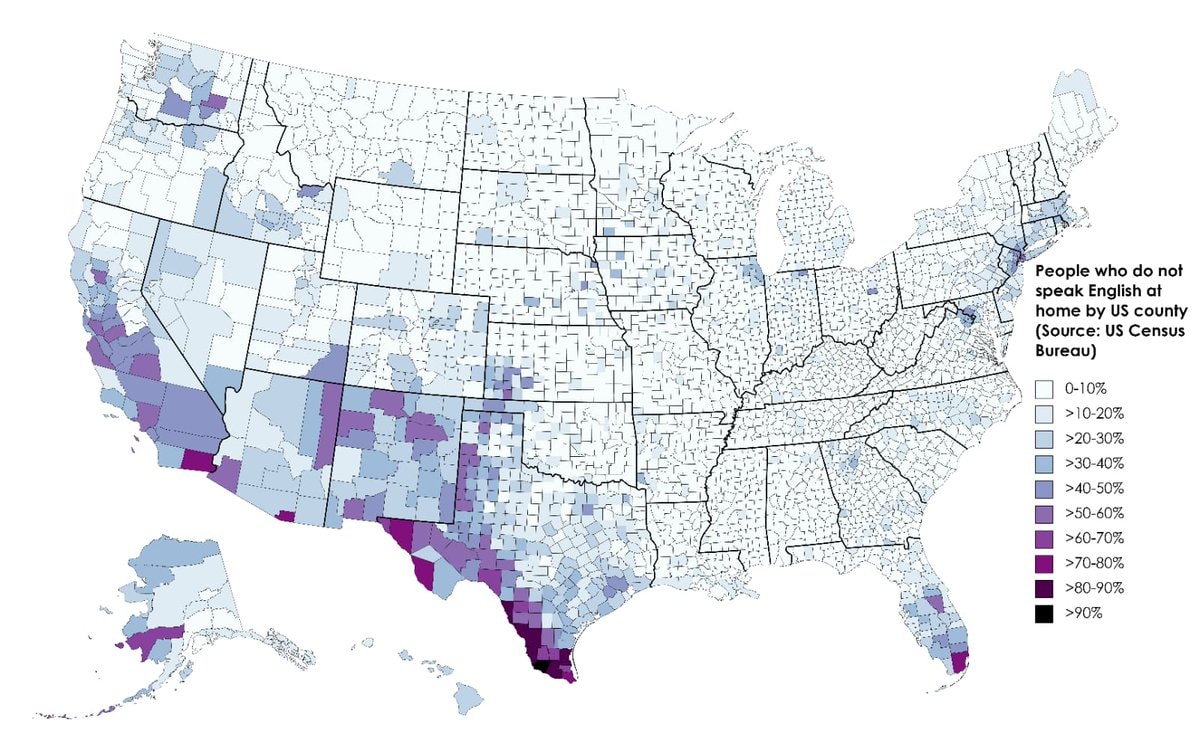 Non-English speakers by US county