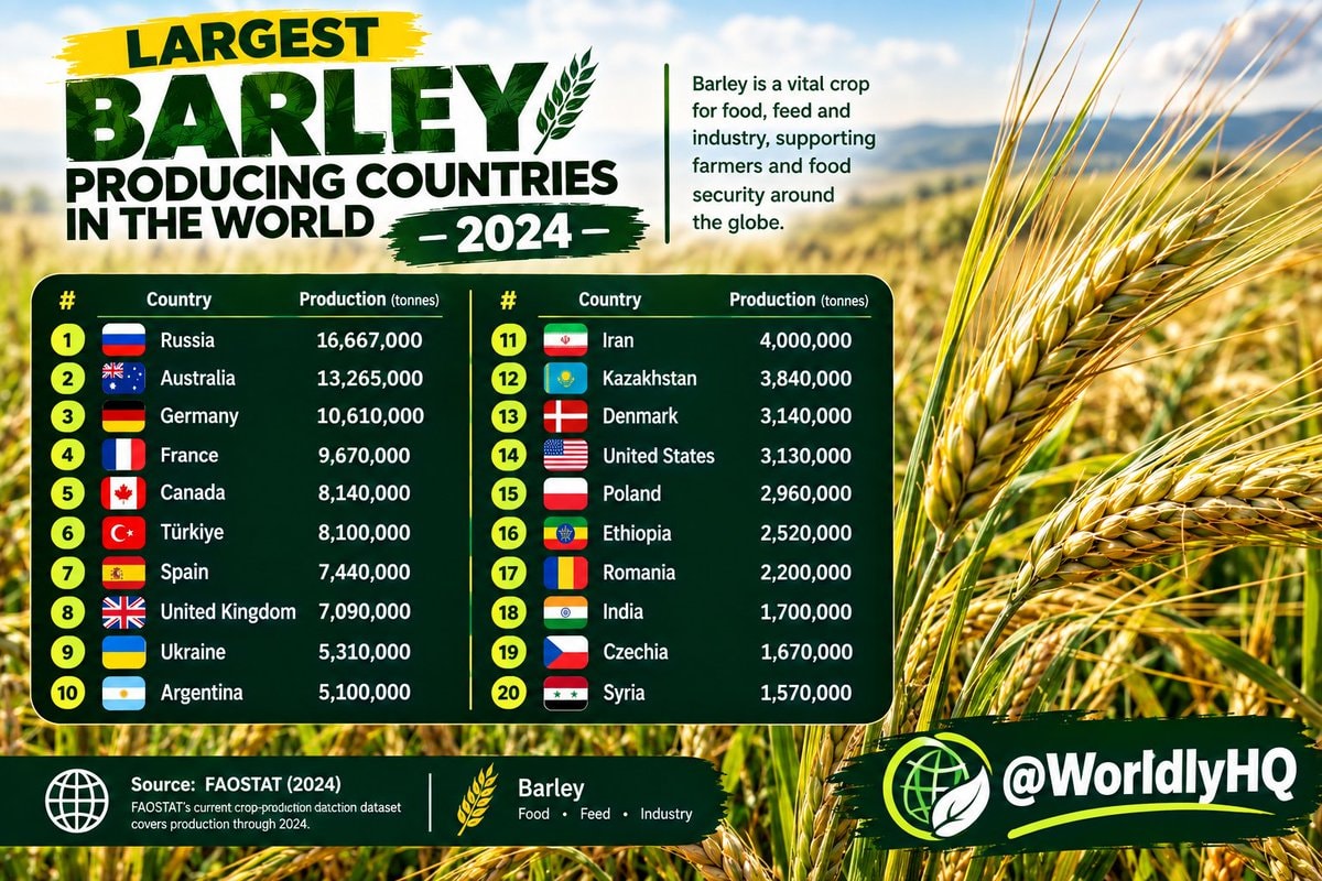 Global barley production rankings 2024