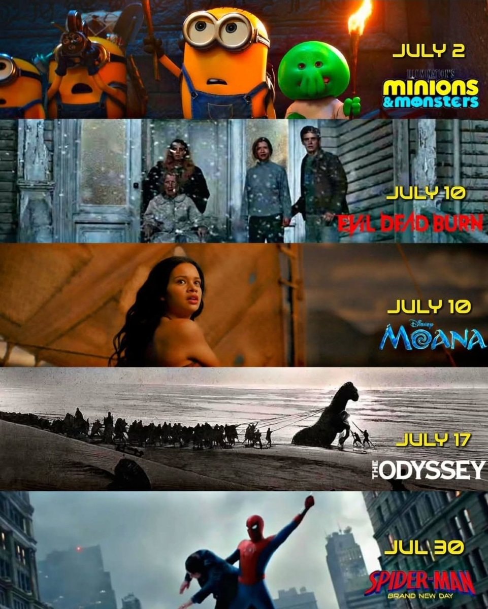 July movie releases Minions Evil Dead Moana Odyssey Spider-Man