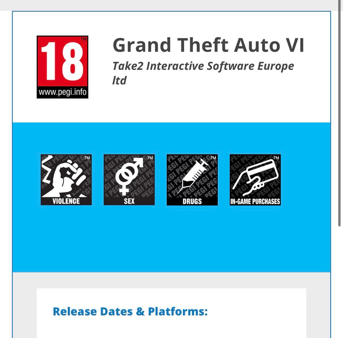 GTA 6 PEGI Rating Details