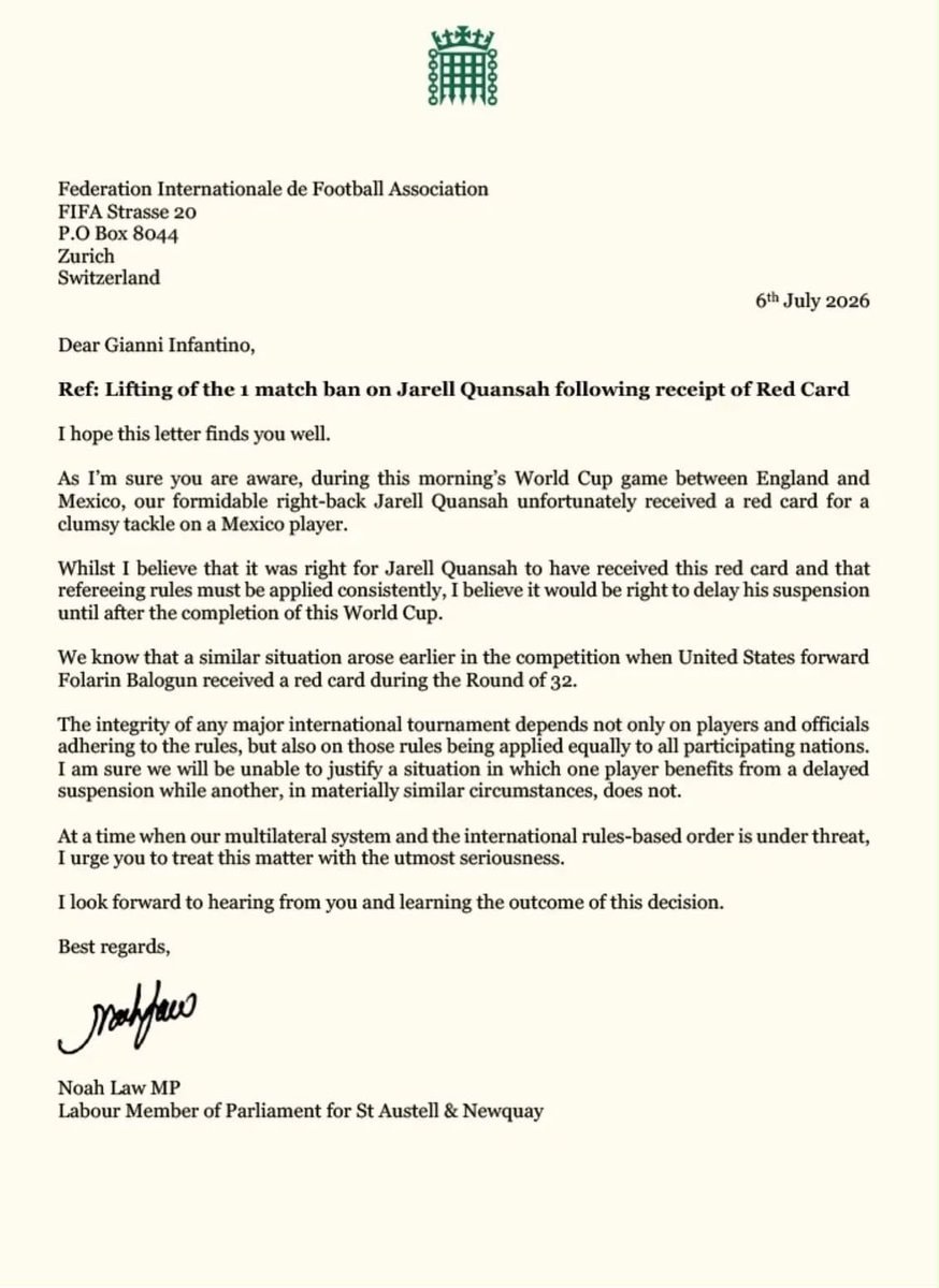 Noah Law MP letter to Gianni Infantino (photo 1 of 2)