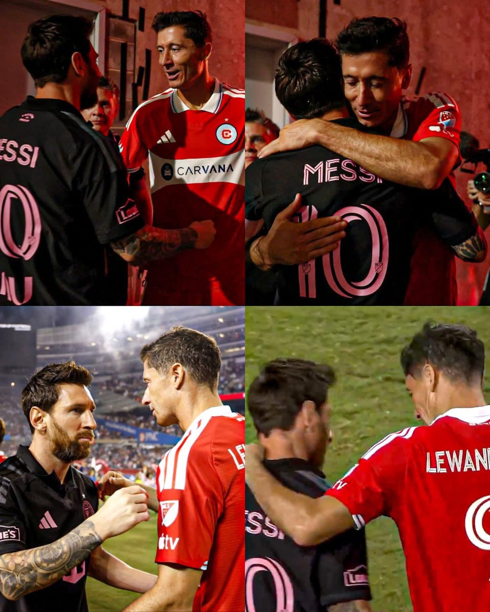 Lewandowski hugs Messi before Inter Miami vs Chicago Fire