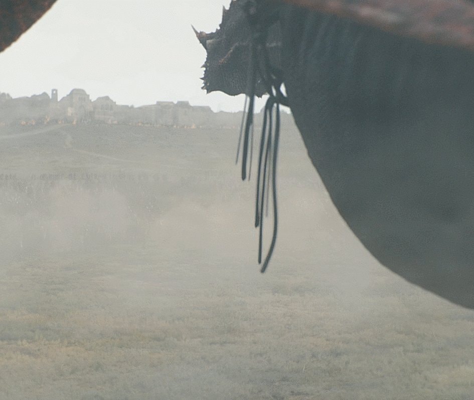 Dragon wing over burning town