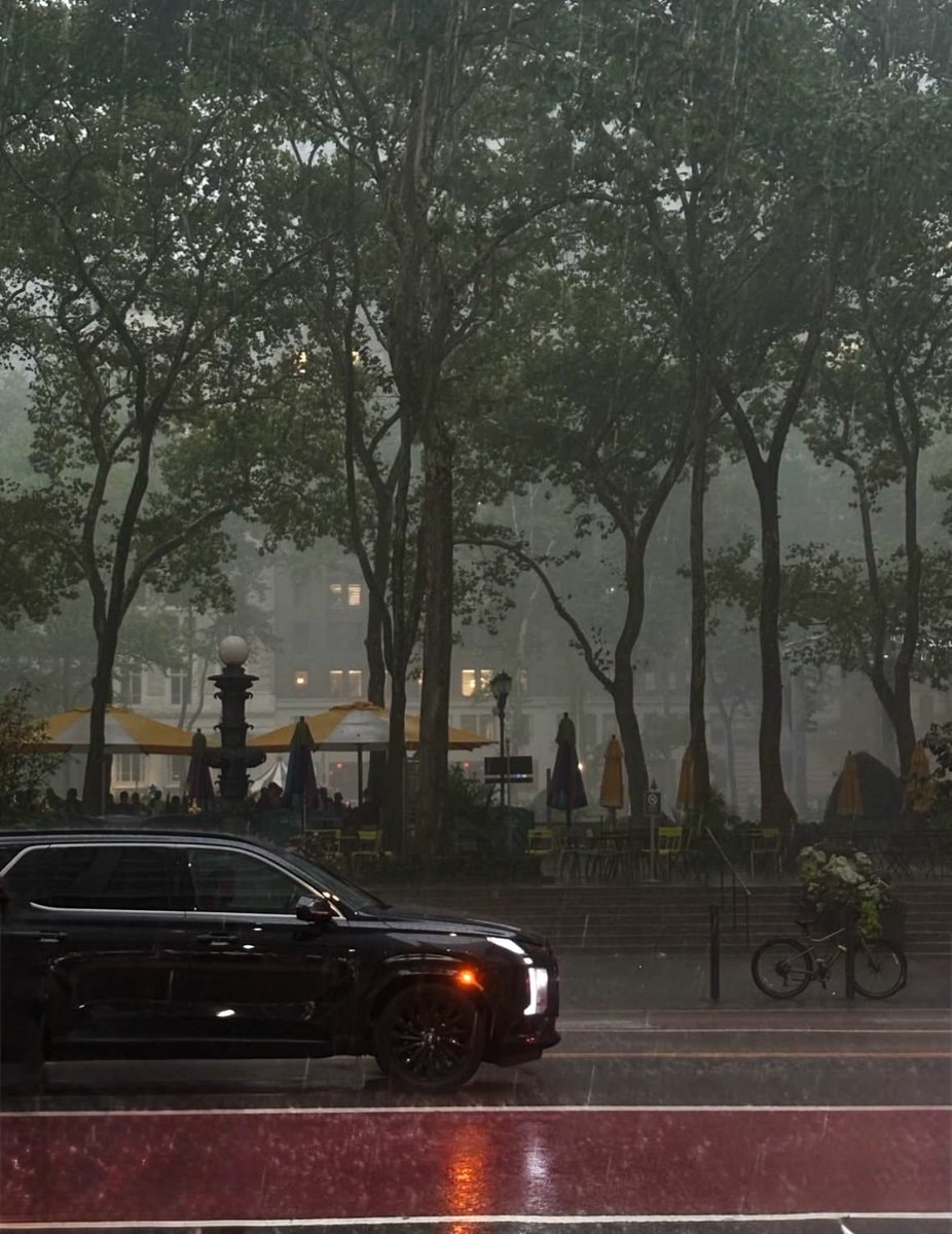Rainy street scene in heavy rain