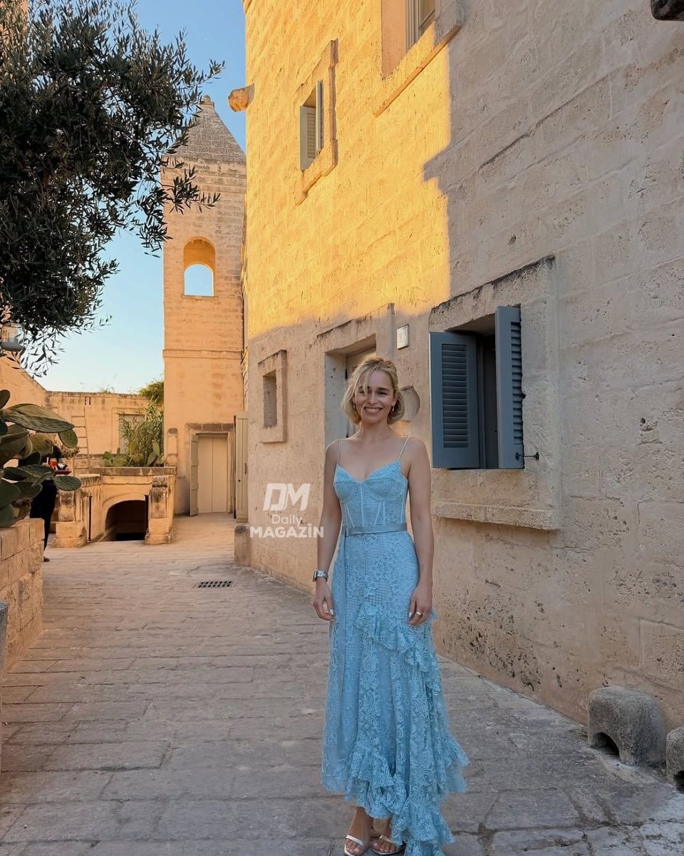 Emilia Clarke Santorini blue dress