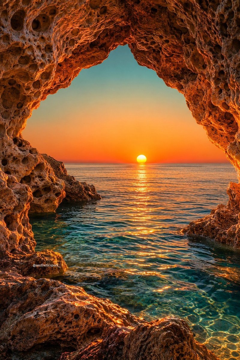 sunset through cave opening