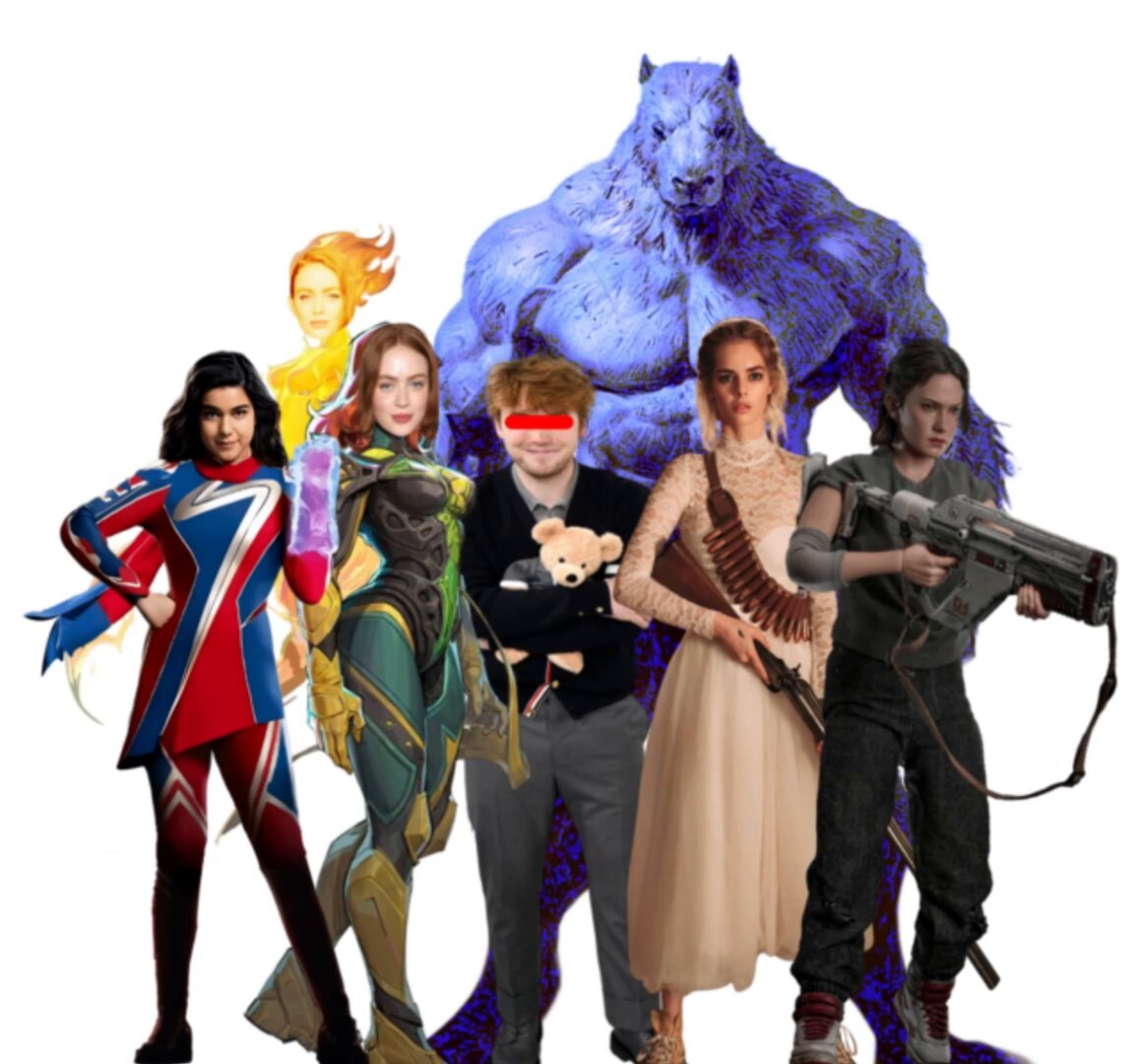Superhero lineup with teddy bear