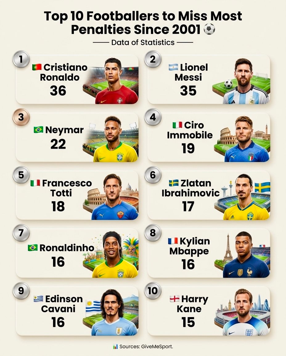 Top 10 Footballers to Miss Most Penalties Since 2001