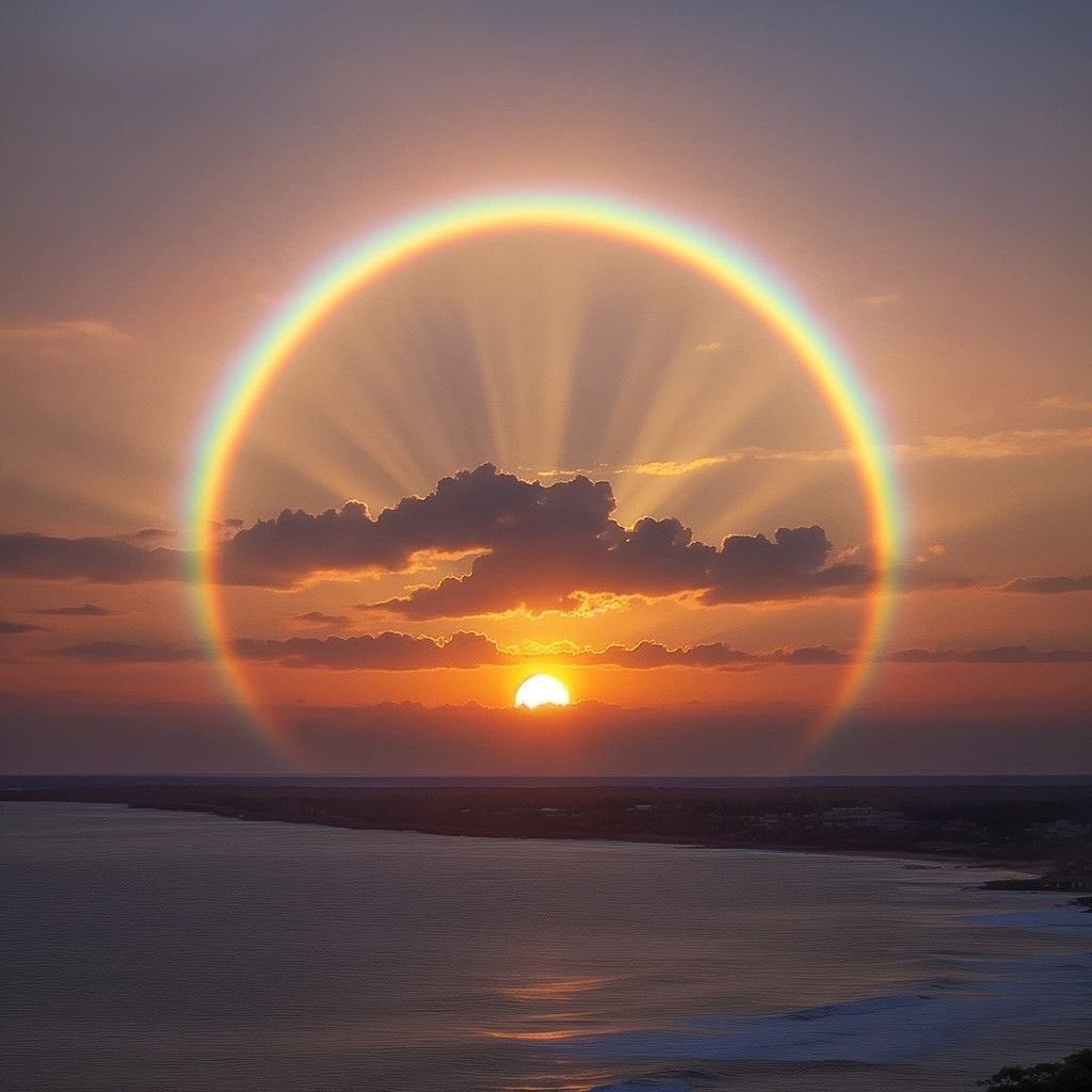 Sunset sun halo over water