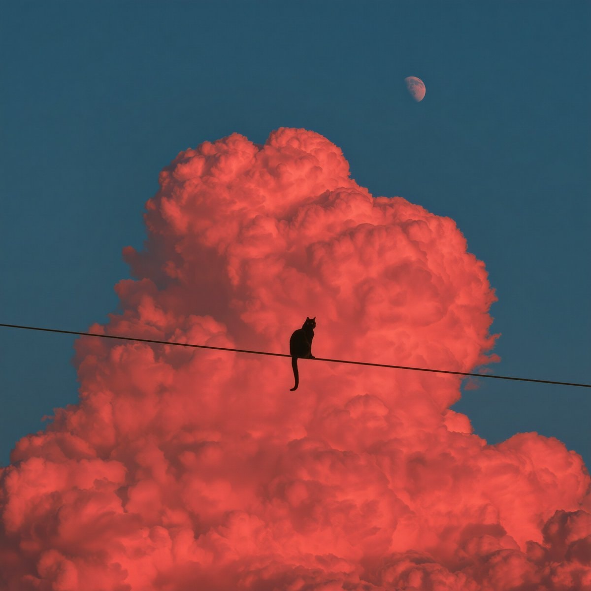 black cat on wire against red clouds