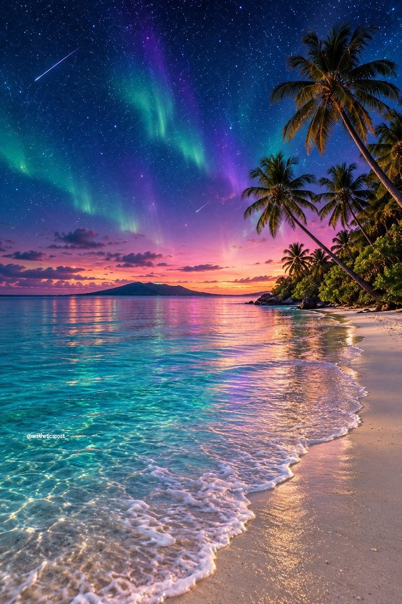 aurora over tropical beach