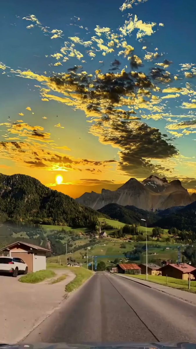 Sun view over mountain village