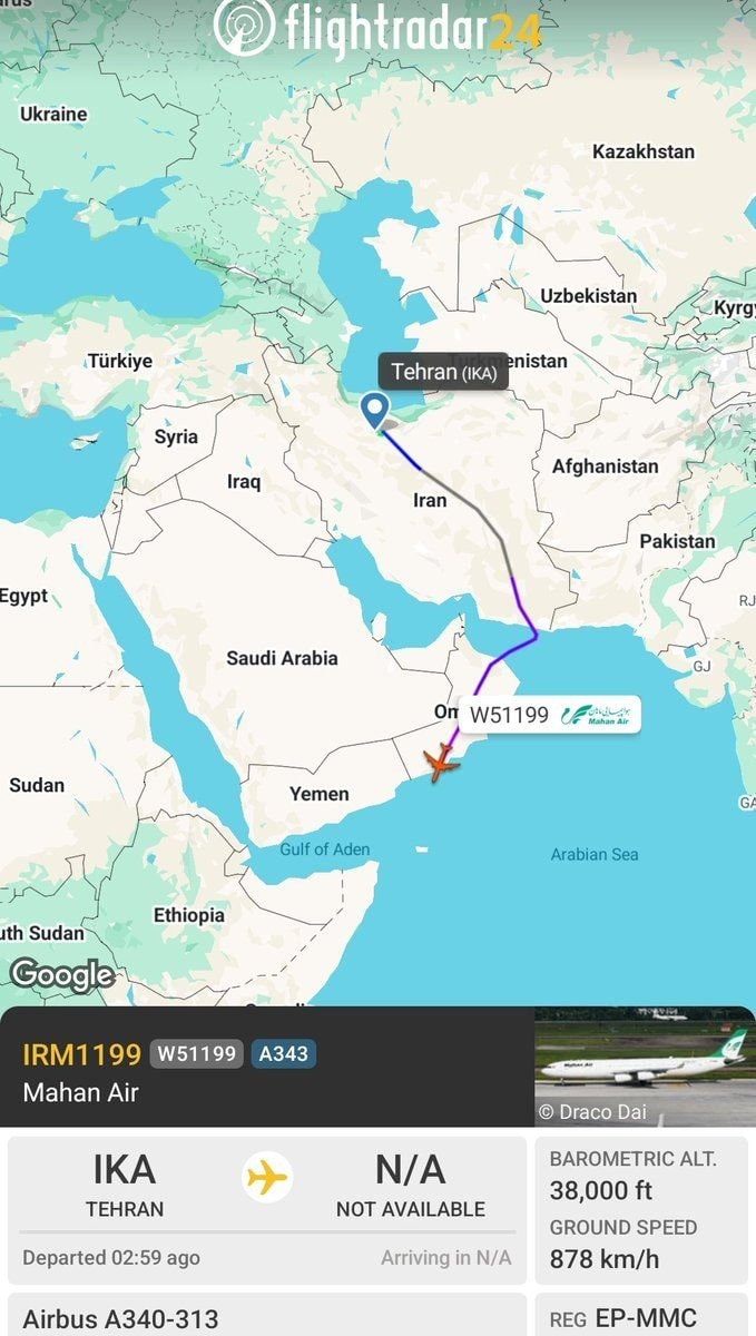 Mahan Air flight over Arabian Sea