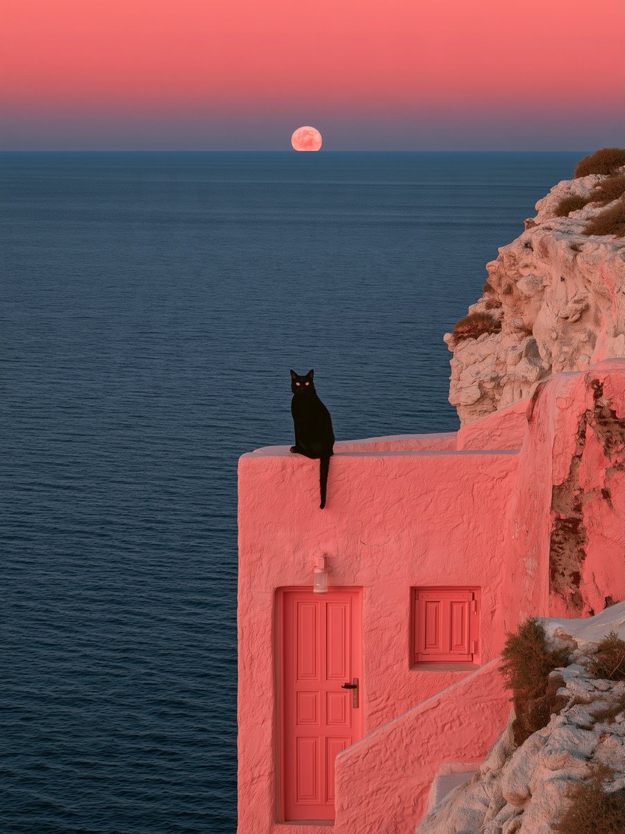 black cat red eyes pink moon