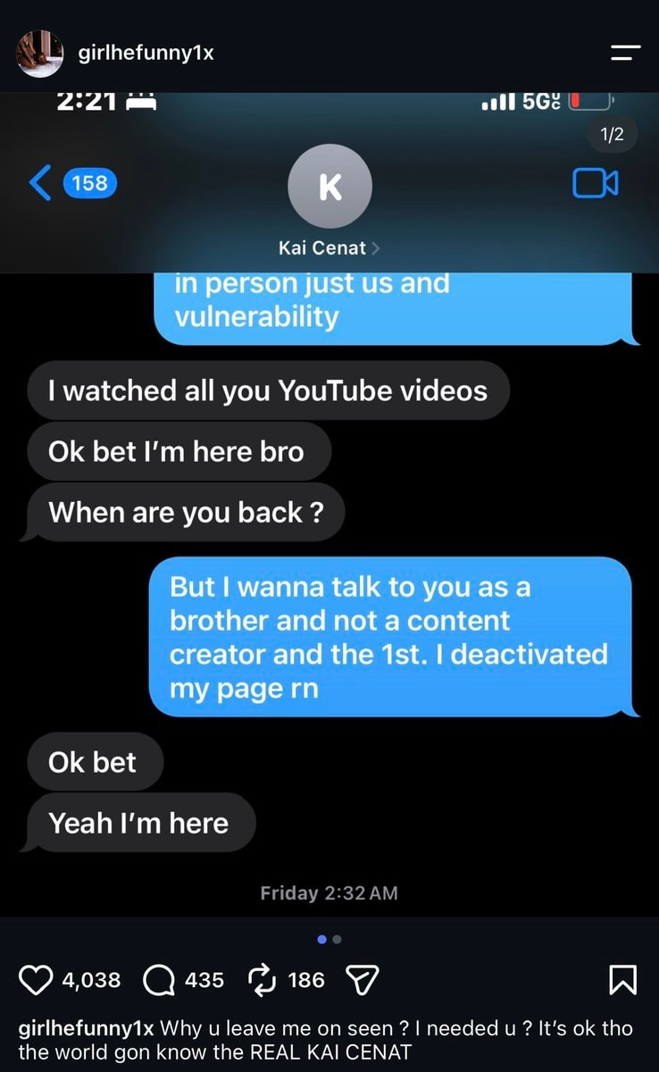 Kai Cenat texts with girlhefunny1x shared