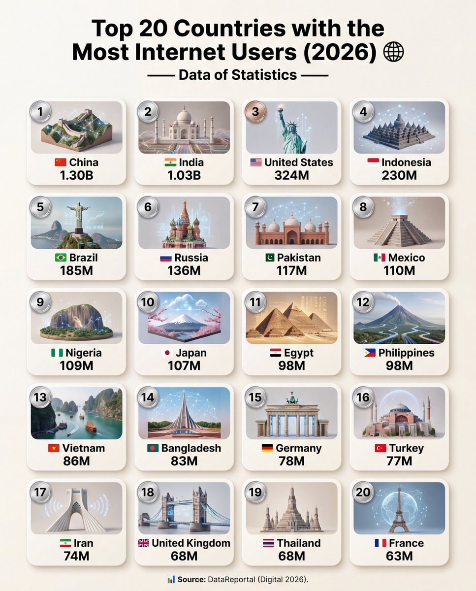 Top 20 countries by internet users 2026