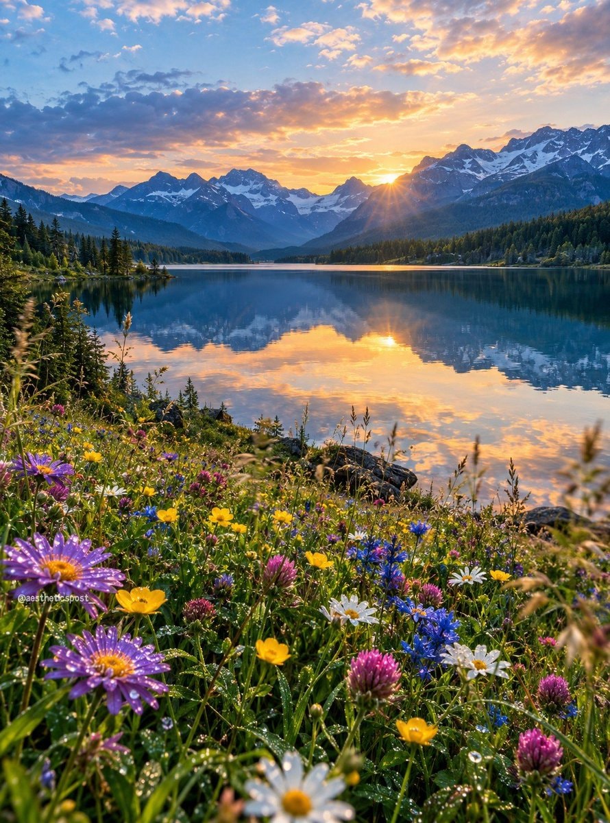 sunset over lake and mountains