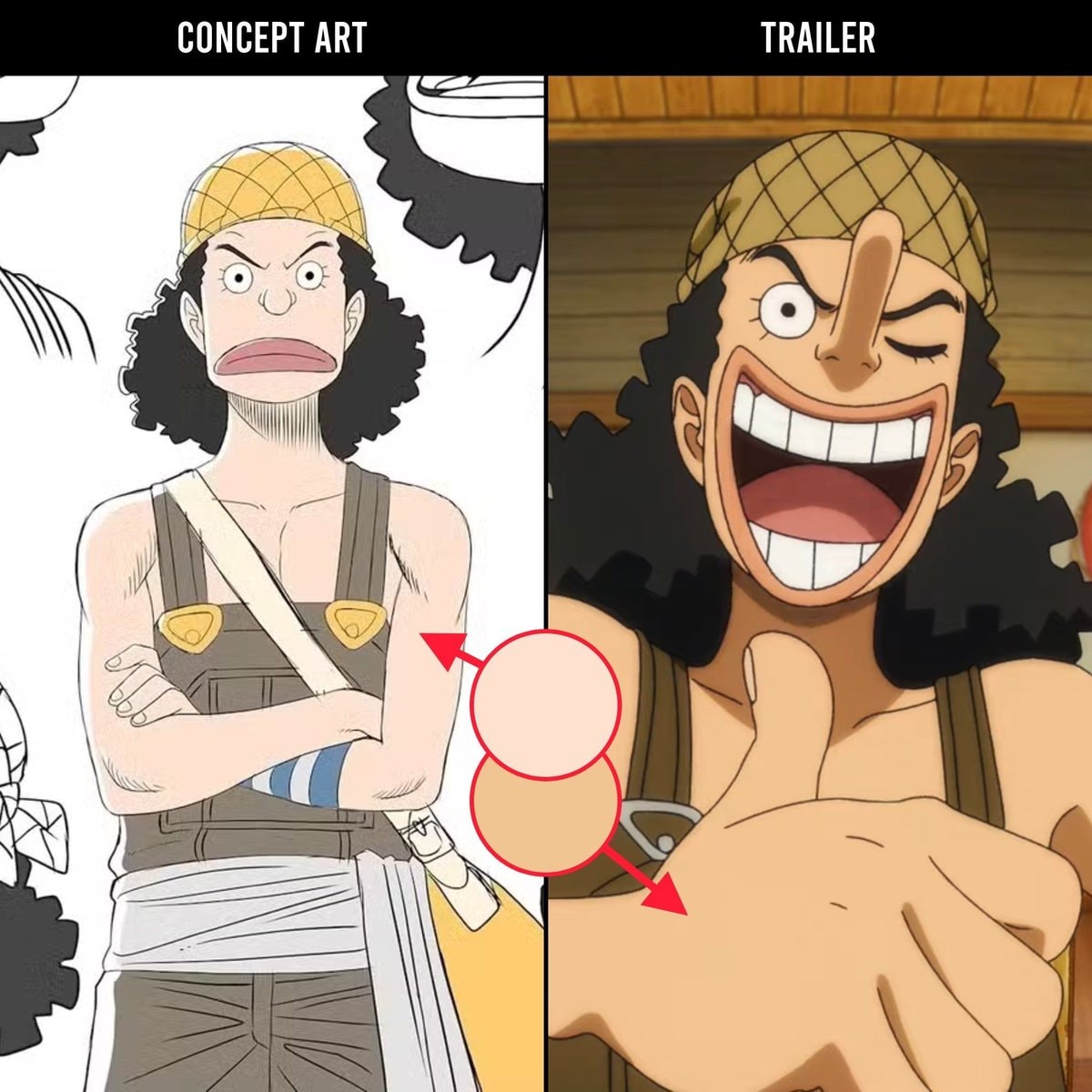 Usopp skin tone fix concept art vs trailer