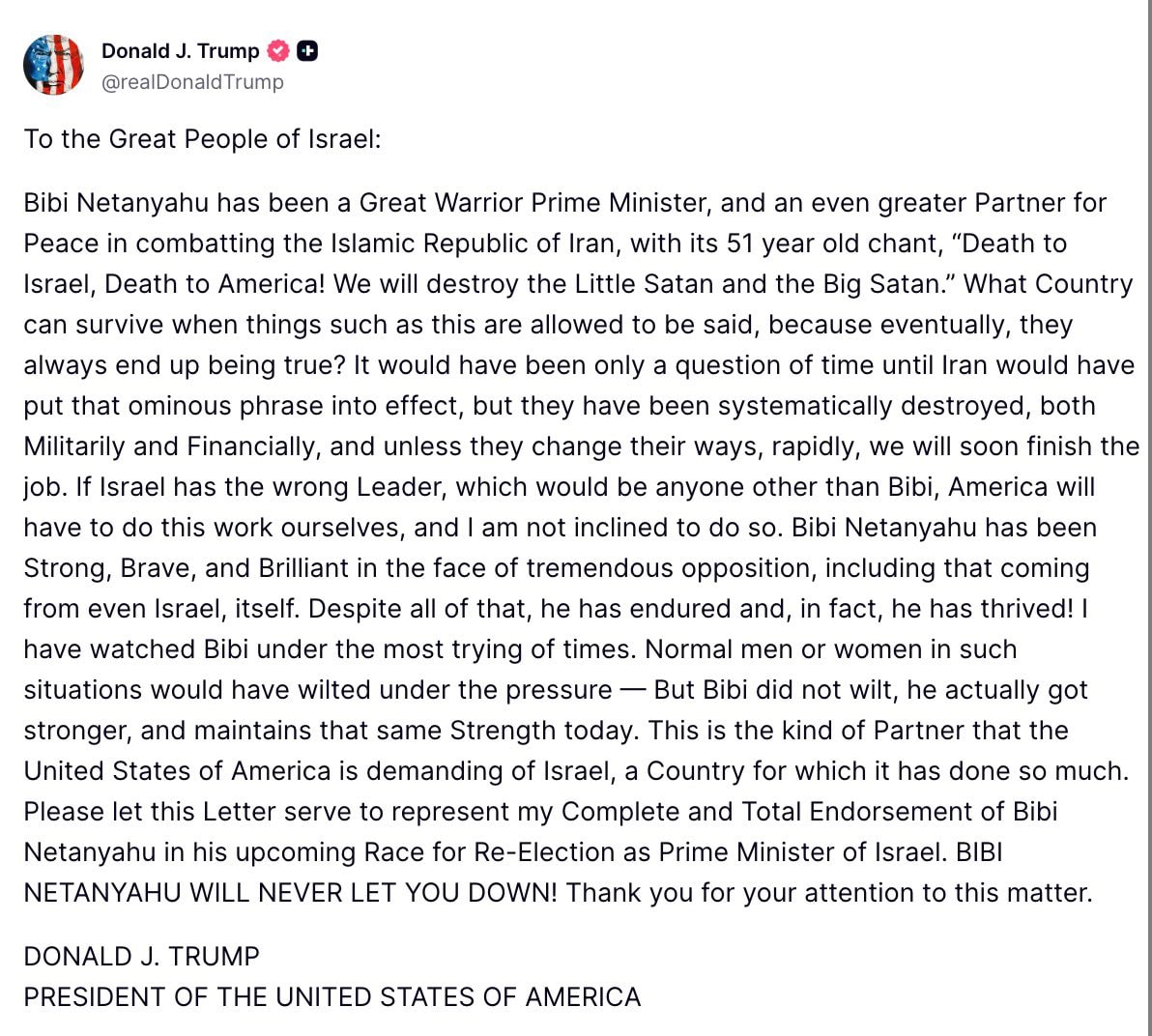 Trump endorses Netanyahu