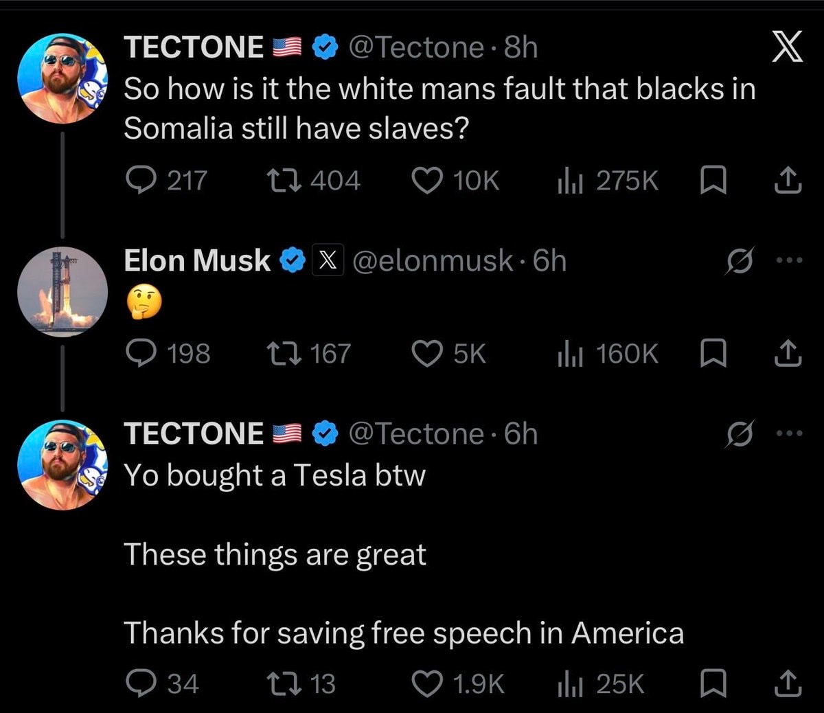 Elon Musk thinking emoji on Tectone tweet