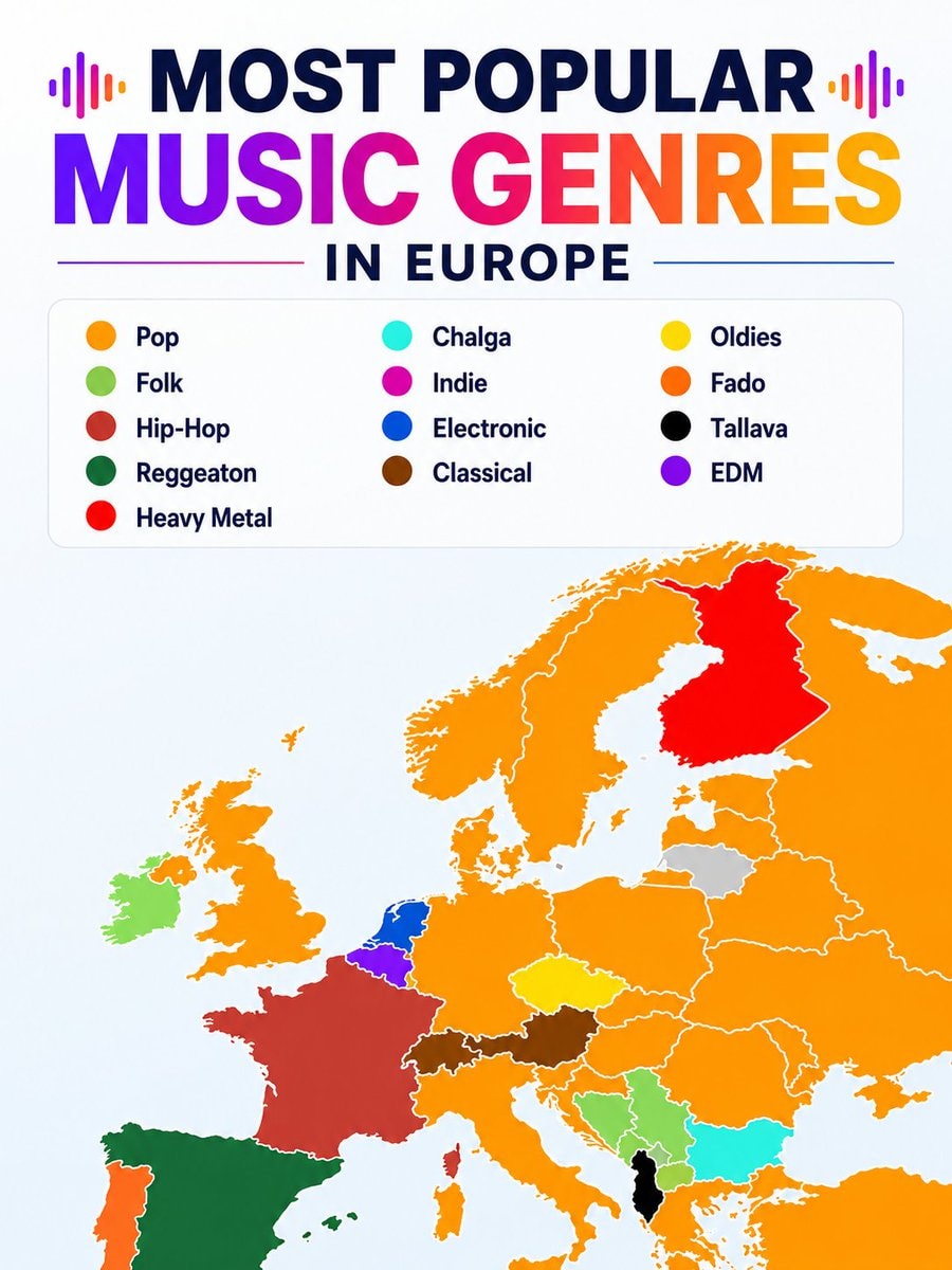 Most Popular Music Genres in Europe infographic Most Popular Music Genres in Europe infographic