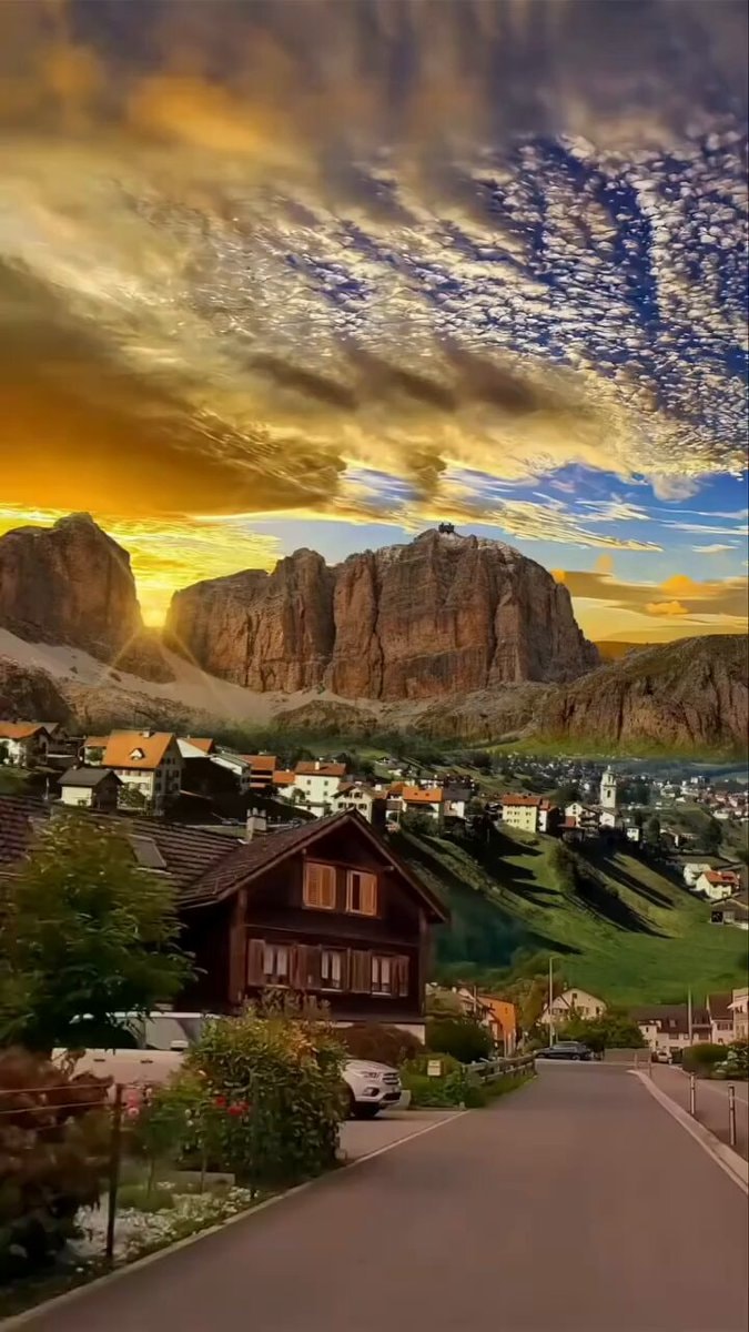 mountain village at sunset